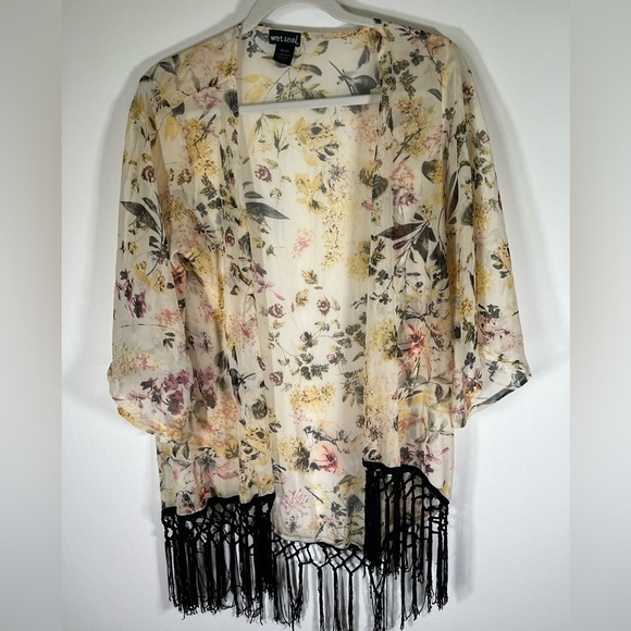 Wet Seal vintage white floral sheer one size open kimono fringe boho festival - Picture 1 of 8